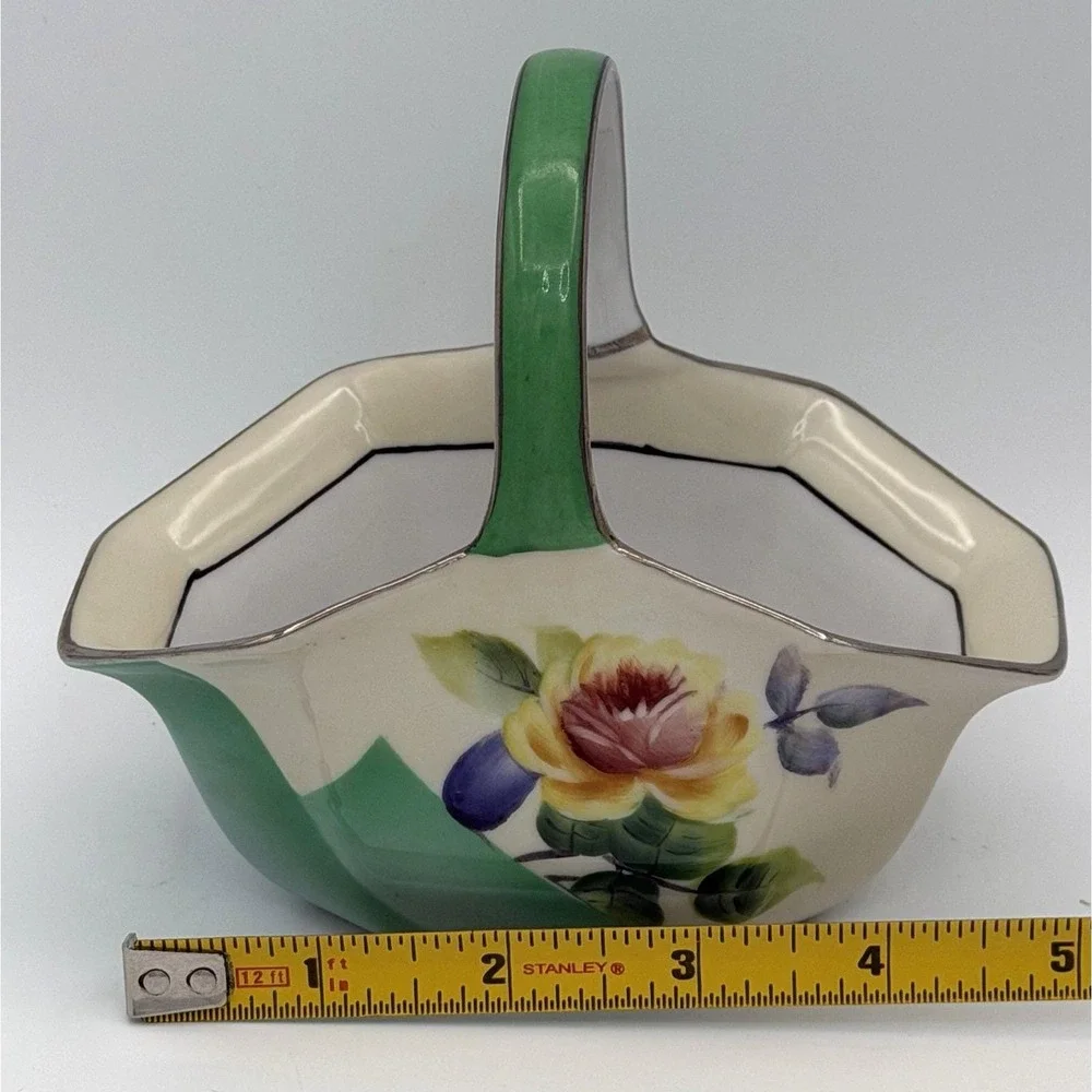 Noritake Trinket Basket Hand Painted Flower Gold Trim Art Deco Vintage EUC